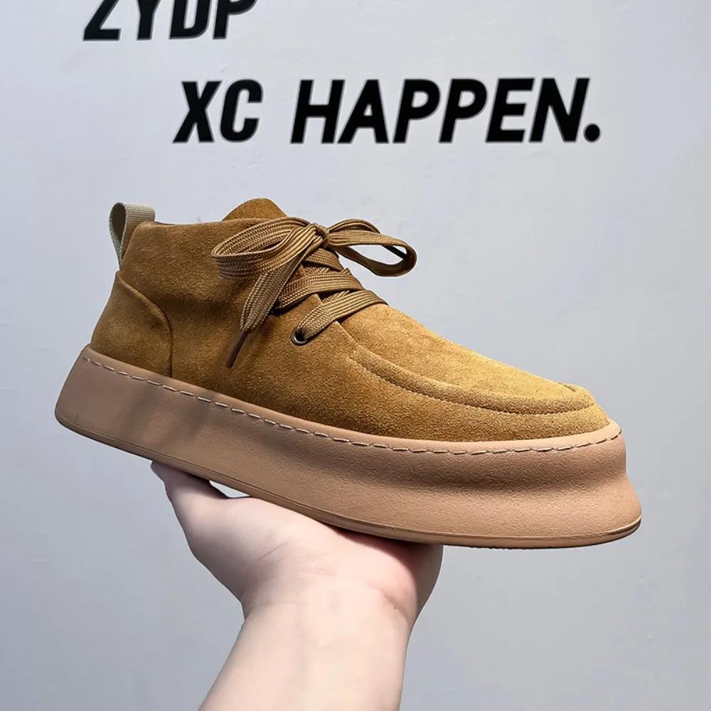 Men's Ankle Boots Suede Cowhide High Top Shoes Men Lace Up Tooling Boots Hand Sewn Thread Casual Shoes Winter Warmth Men's Boots