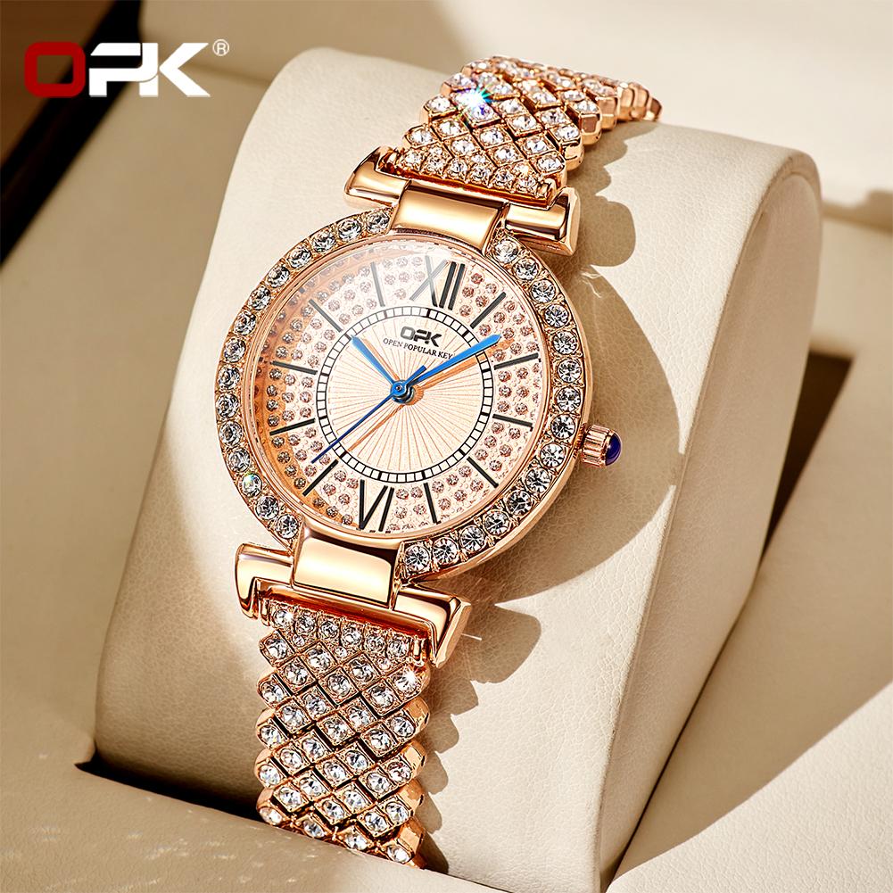 OPK Brand Full Diamond Waterproof Roman Scale Steel Belt Ladies Quartz Watch 8618