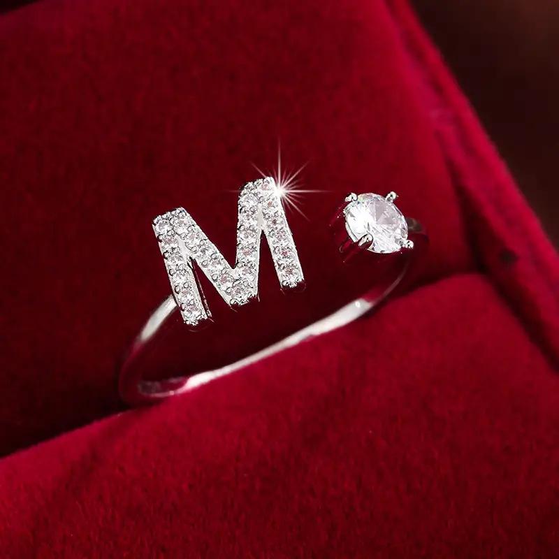 26 English Letter Micro-set Zircon Fashion Women's Ring, Copper-plated 14K Open Plain Ring