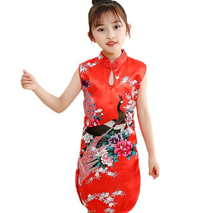 Girls' Classic Red Peacock Qipao: Children's Chinese Style Costume for New Year & Performances (Spring/Summer).