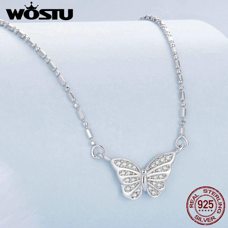 WOSTU 925 Sterling Silver Simple Butterfly Pendant Necklace Lady Engagement Accessories with CZ Stackable Links Jewelry Gift