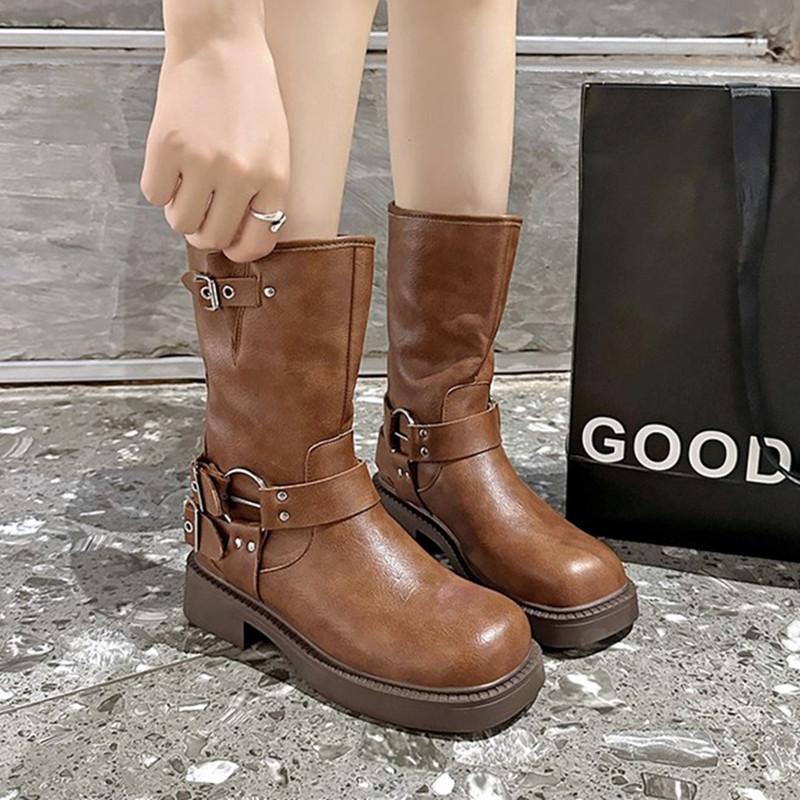 Gothic Buckle Platform Ankle Boots Women Combat Boots with Studs Winter Brown Mid-calf Boots for Women Motorcycle Botas Mujer