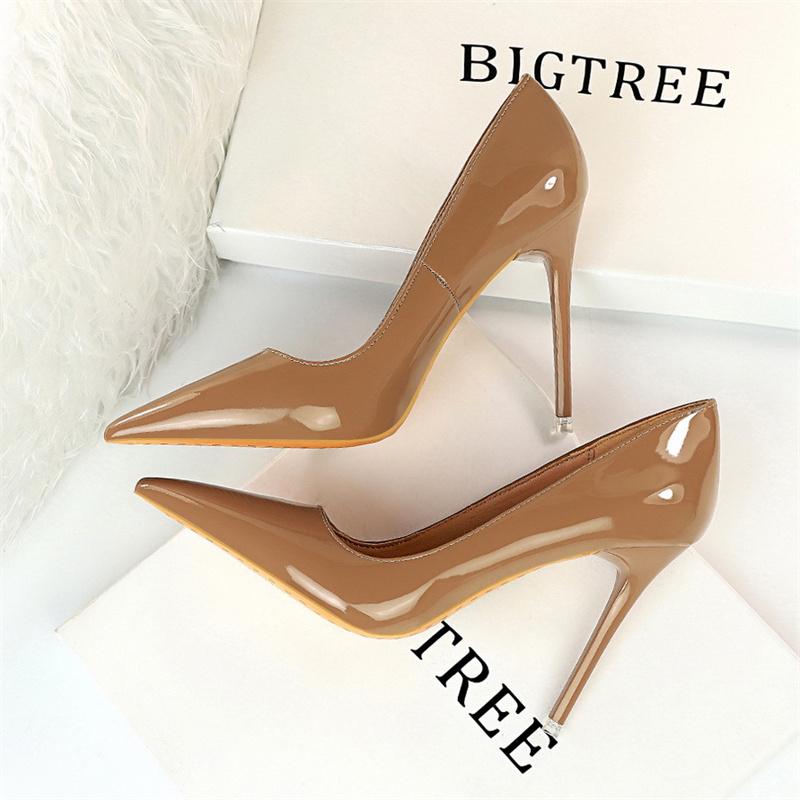 Fashion Simple Patent Leather Thin High Heel Women Pumps Spring Autumn Shallow Mouth Pointed Toe Slimming Single Shoes