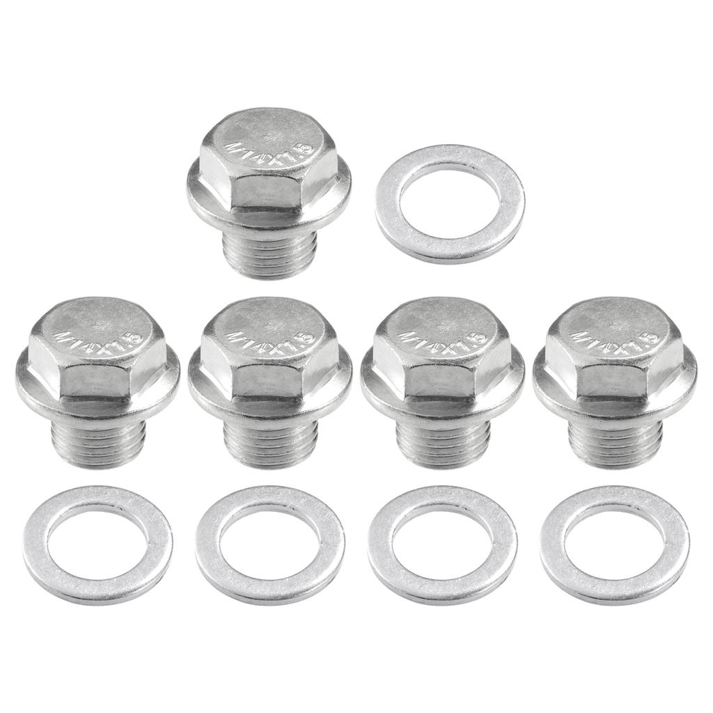 A ABSOPRO Universal Car Drain Plug with Gasket Durable M14x1.5 Metal Silver Tone (Set of 5)