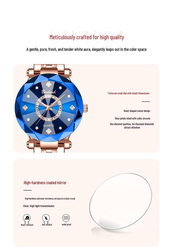 Women's Waterproof Ocean Heart Multi-Faceted Glass Watch with Stainless Steel Band - Blue Starry Sky Design