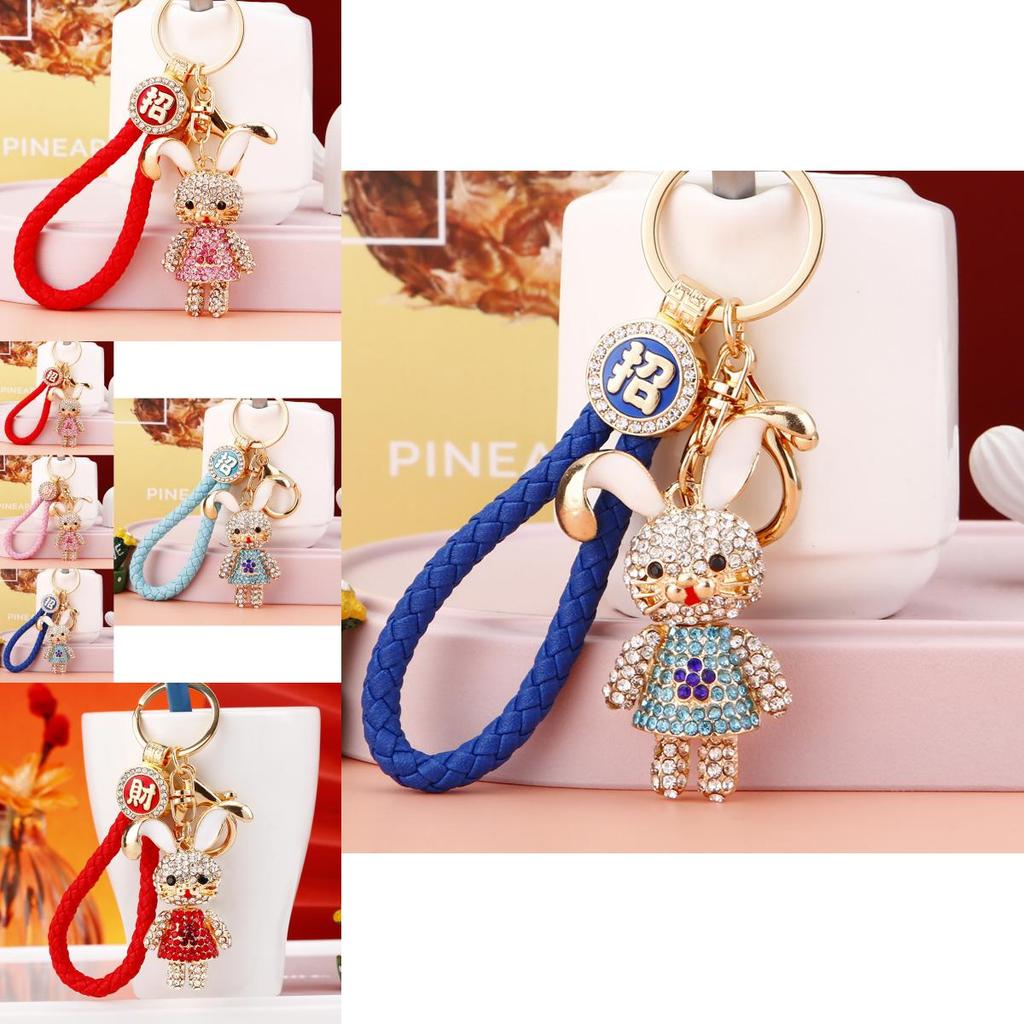 Cute Creative Metal Rabbit Keychain With Rhinestone Flower Dress For Women Gifts