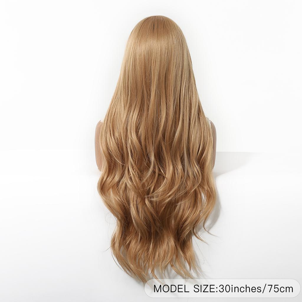 Long Golden Blonde Wave Synthetic Wigs with Bangs for Women Golden Brown Natural Cosplay Costume Daily Hair Wigs Heat Resistant