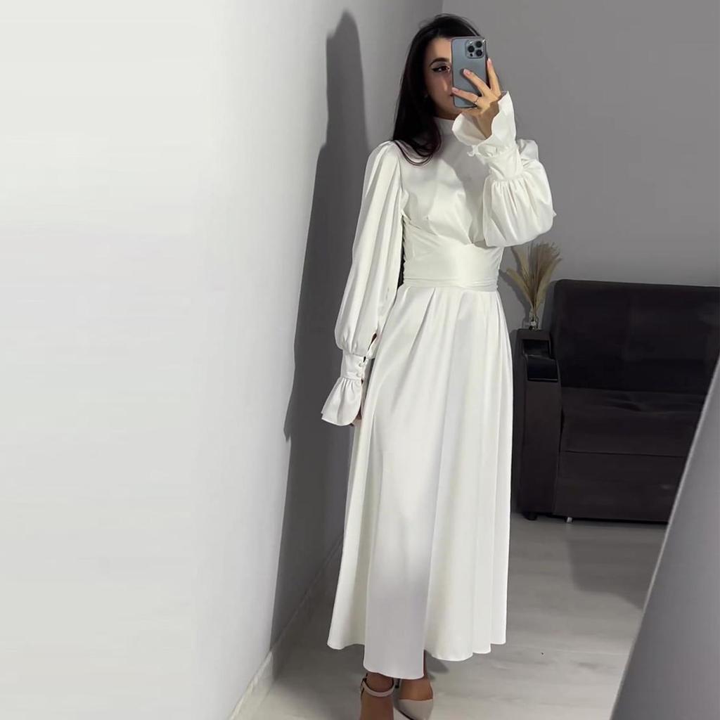 Qooth Elegant Ruffled Bandage Maxi Dress For Women Slim Lace-Up Solid Vintage Evening Partywear Ladies Long Dress