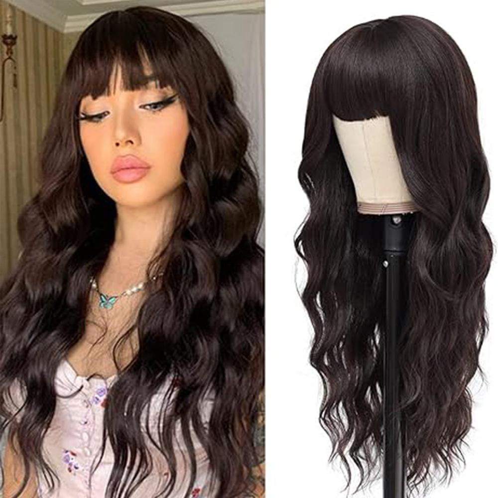 Bangs 26 Inches Deep Wave Body Wave Long Curly Synthetic Hair Wig Heat-Resistant Glueless European American Women High