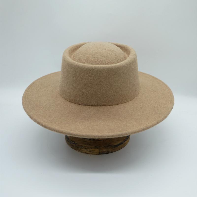 French retro oat wool woolen flat top top hat women's autumn and winter versatile British wide brim Panama camel felt hat
