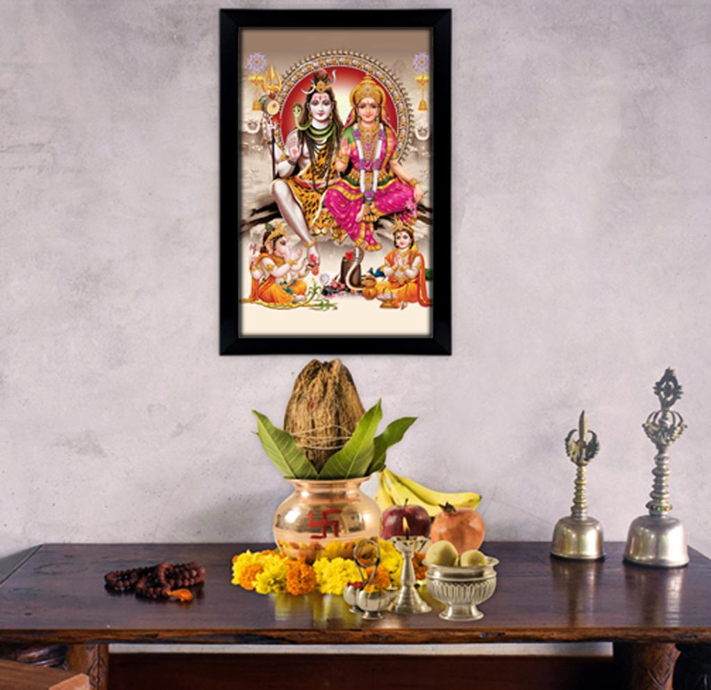 IBA Indianbeautifulart Lord Shiva & Parvati With Lord Ganesh & Krishna Picture Frame Religious Poster Black Wall Frame