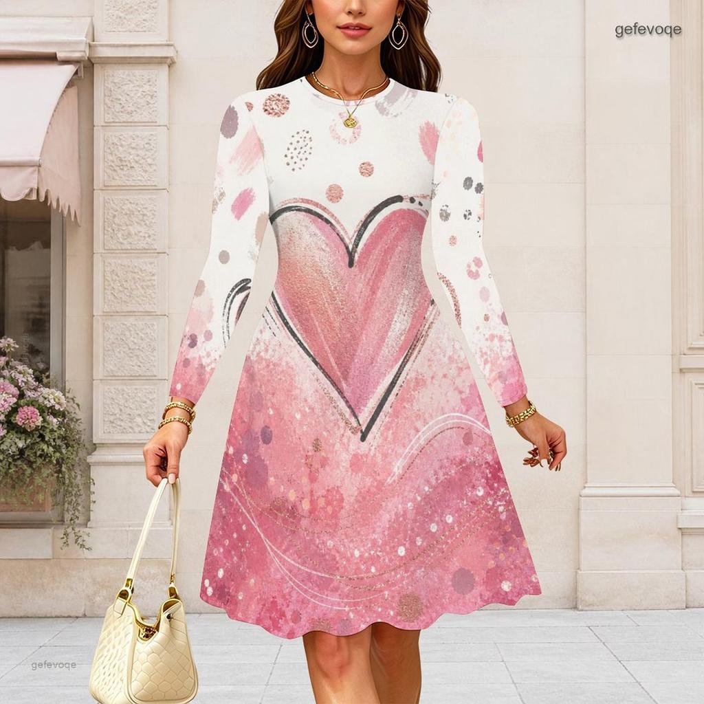 Women Plus Size Round Neck Long Sleeve Swing Midi Dress Space Galaxy Golden Textured Heart Print High Waist Dress