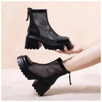 Women's High Heel Thick Sole 2024 New Hollow Breathable Design Summer Leisure Solid Color Fashion Mesh Zipper Women's Boots