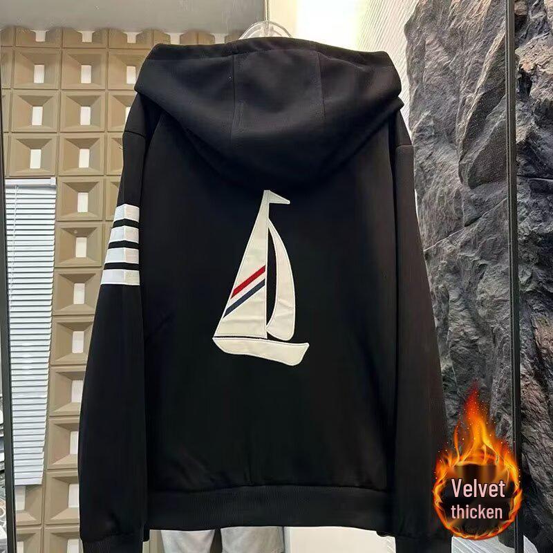 Men s Plus Velvet Sailboat Hoodie Jacket - Autumn/Winter Trendy Style L чёрный
