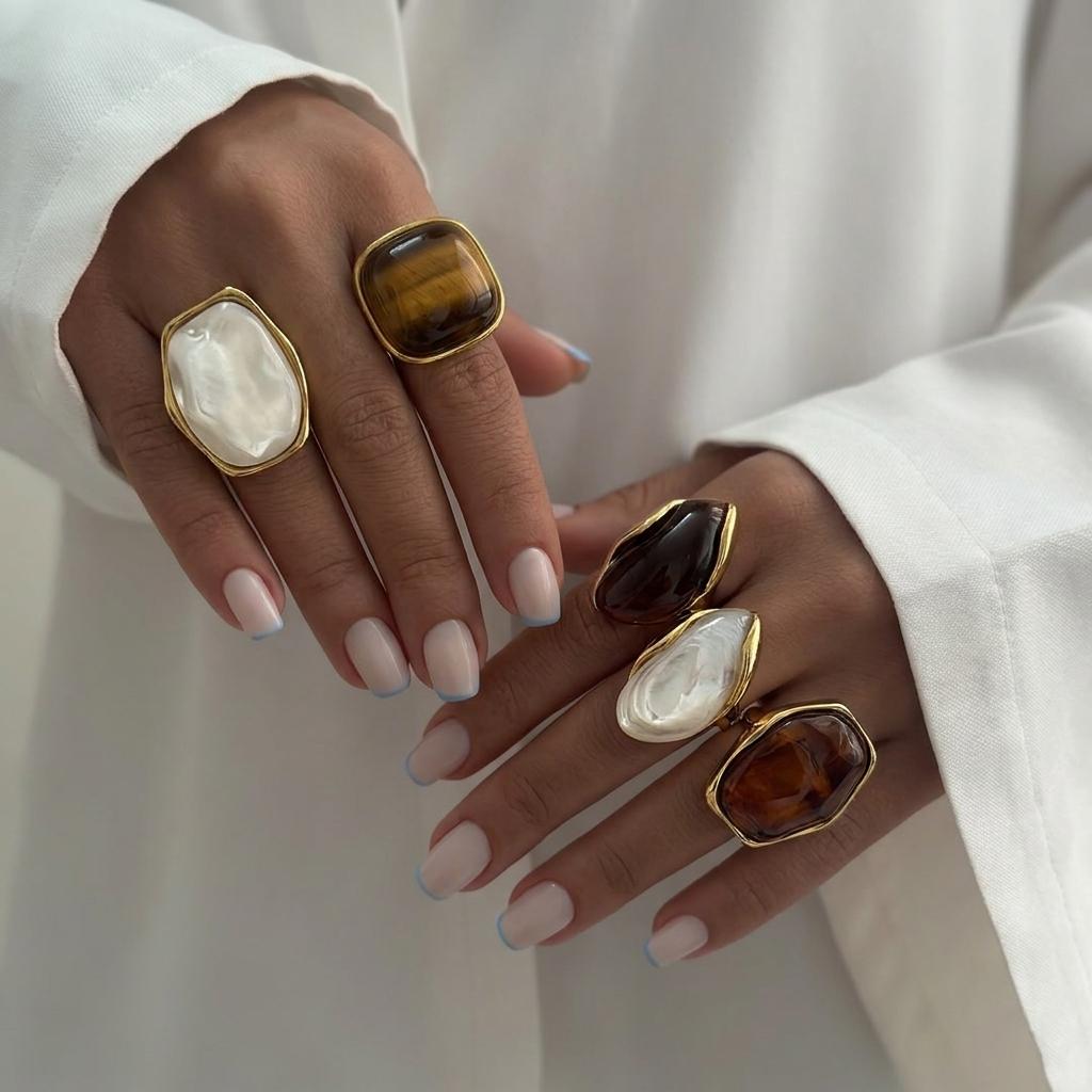 Vintage Stainless Steel Rings For Women Gold Plated Chunky Resin Tiger Eye Stone Irregular Finger Ring French Statement Jewelry
