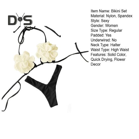 2Pcs/Set Summer Bikini Set Adjustable Drawstring Lace-Up Halter Neck 3D Flower Bra Low-rise Swimming Briefs Set Swimwear