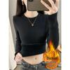 Women's Plus Size Velvet-Enhanced Slim Fit Knit Sweater - Warm Round Neck Base Layer for Autumn and Winter
