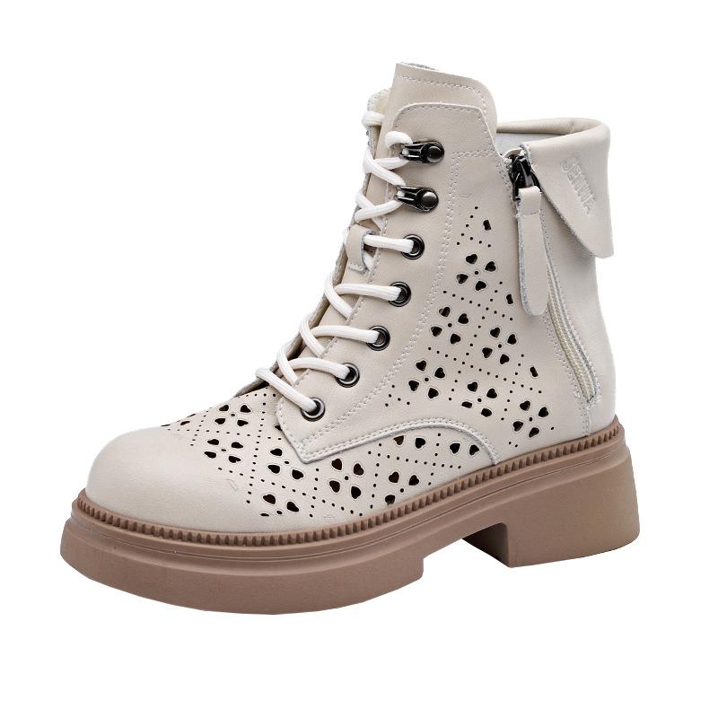 Leather Hollow Martin Boots Women's Platform Double Side Zipper Women's Leather Boots Lace-up Casual Shoes