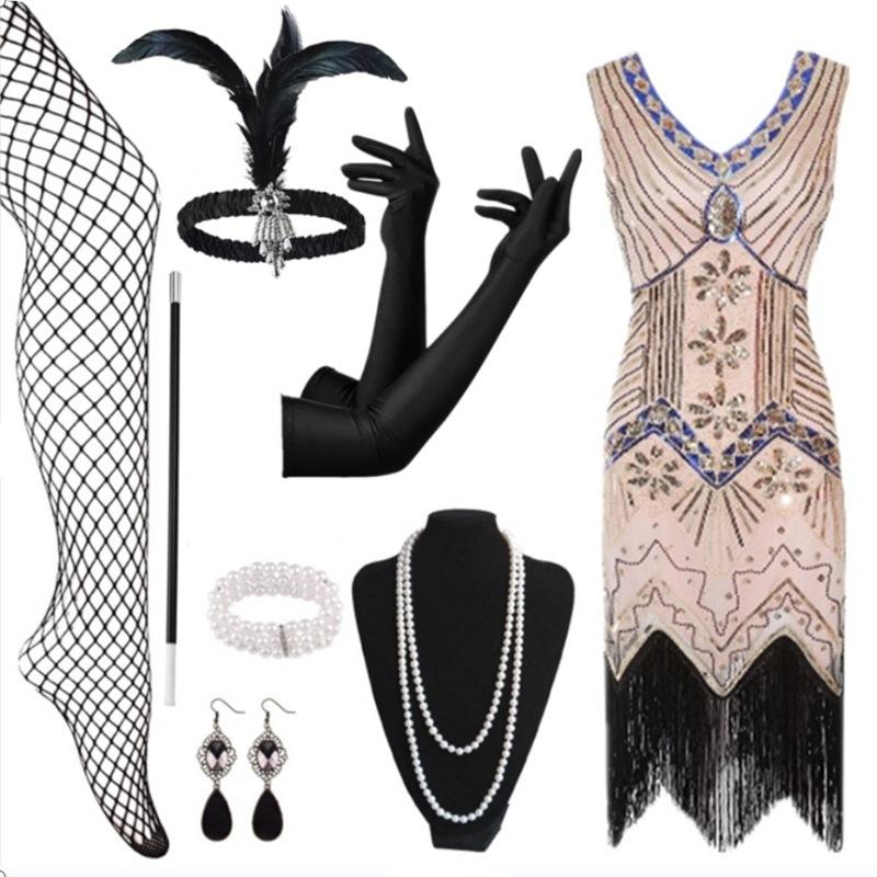 Hot Sale Vintage Sequins Tassel Dress Prom Evening Dress Accessories Set