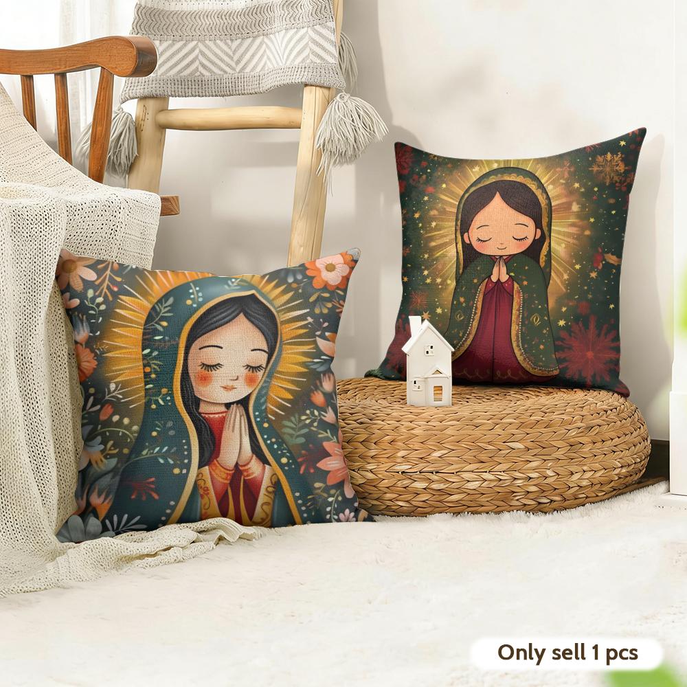 Our Lady of Guadalupe Cushion Cover Natural Linen Organic Fabric DoubleSided Printing Couch Pillow Covers Home Decor