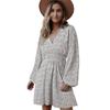 Summer New Polka Dot Women's Dress, Pullover V-neck Long-sleeved Pleated Waist Floral Slim-fit Skirt