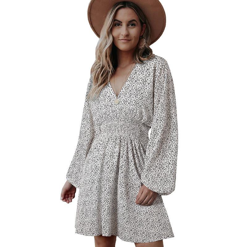Summer New Polka Dot Women's Dress, Pullover V-neck Long-sleeved Pleated Waist Floral Slim-fit Skirt