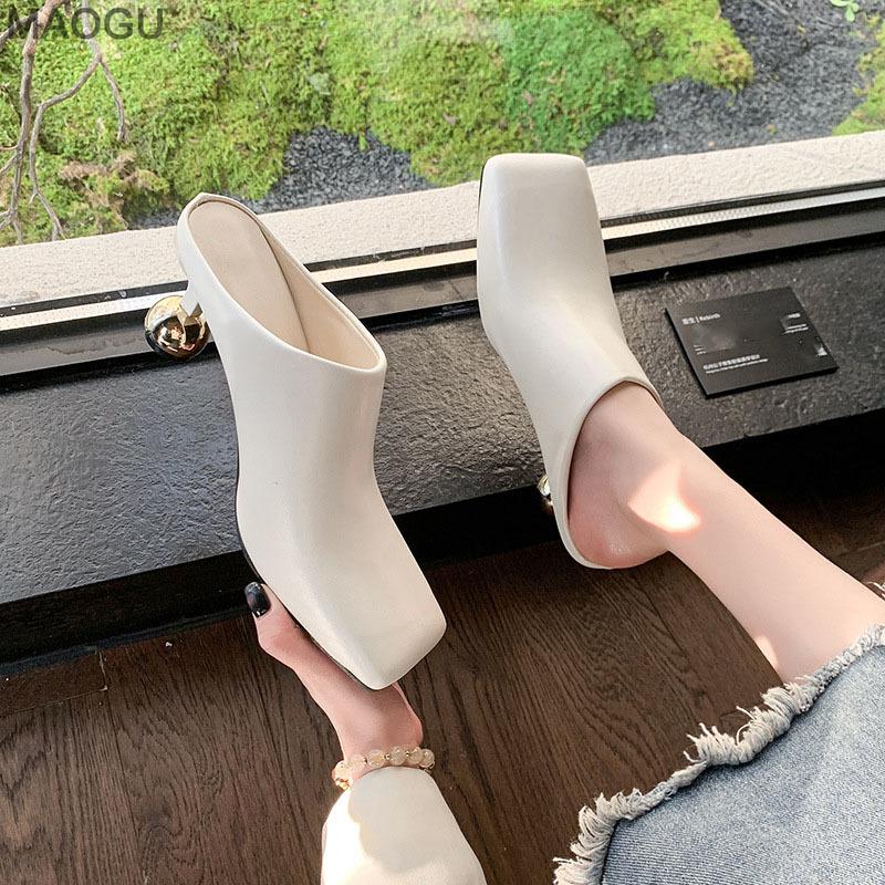 Modne Damskie Klapki Kwadratowy Nosek Skórzane Dziwne Średnio-obcasowe Wsuwane Buty Mule Eleganckie Damskie Pantuflas Mujer Czarne Rozmiar 35-42