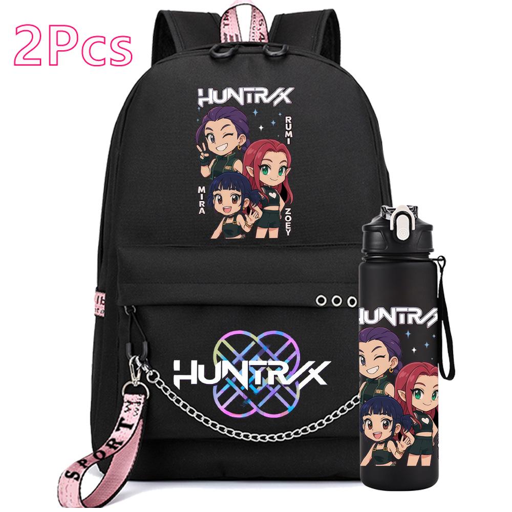 2Pcs/set Anime Cute Kpop Printed Backpack with 750Ml Water Bottler for Teenager Girl Boy Bookbag Kid Gift Large Capacity Travel Bag Rucksak