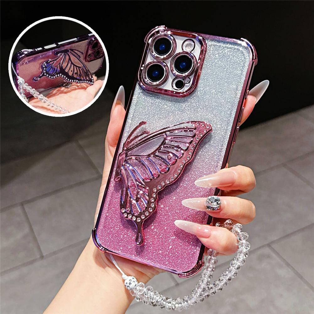 Redmi Note 14 Pro 5G Shockproof Glitter Butterfly Holder Stand Case For Xiaomi Redmi Note 14S 13 14 Pro Plus Crystal Chain Cover