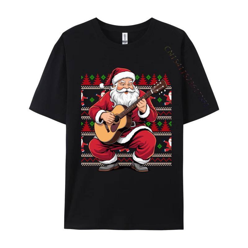 Santa Playing Guitar Funny Christmas Classic Guitar Santa T-Shirts Autumn 100% Cotton Top T-Shirts Student Tee Shirts