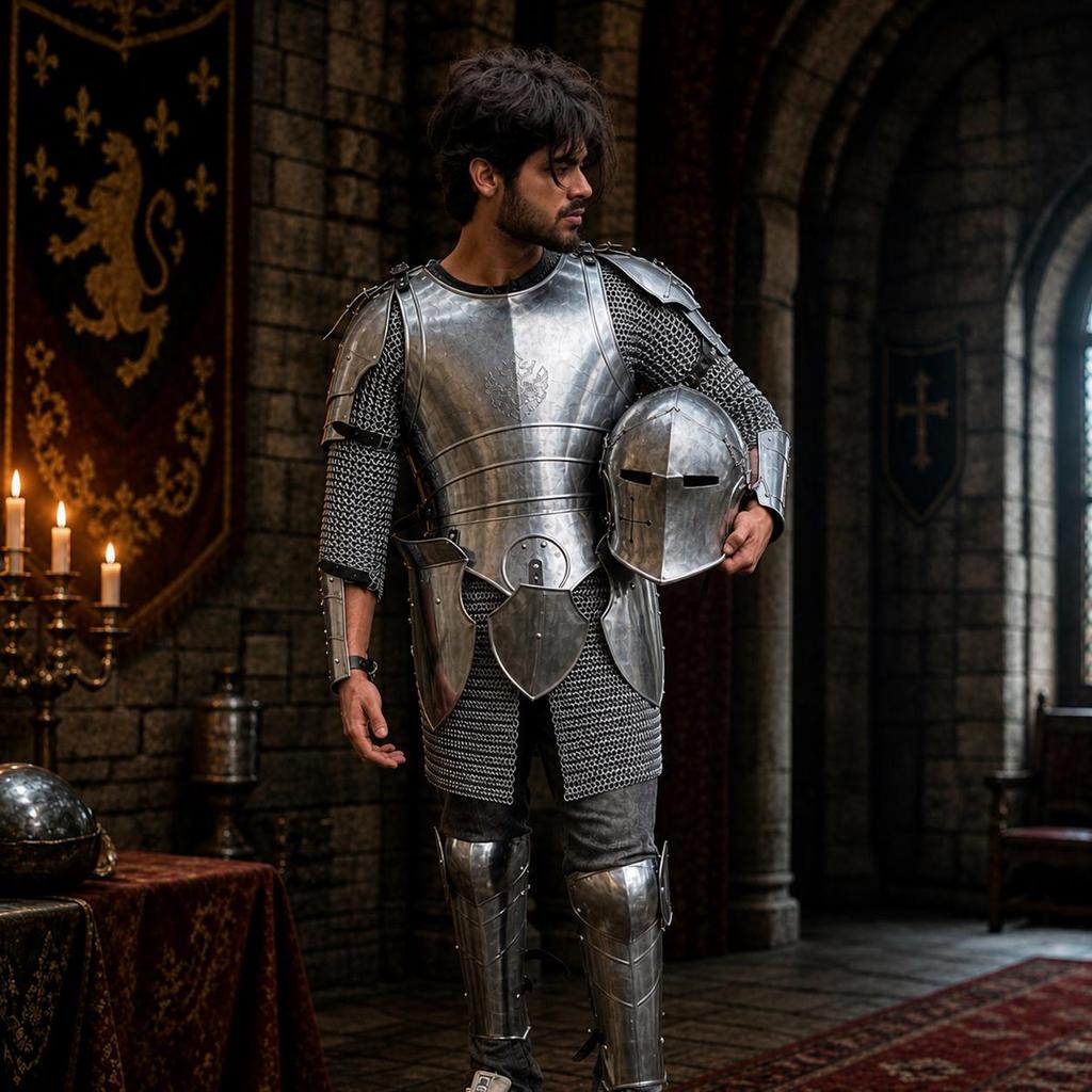 Costume da Cavaliere Medievale – Armatura Completa da Guerriero d'Acciaio con Elmo, Corazza e Cotta di Maglia