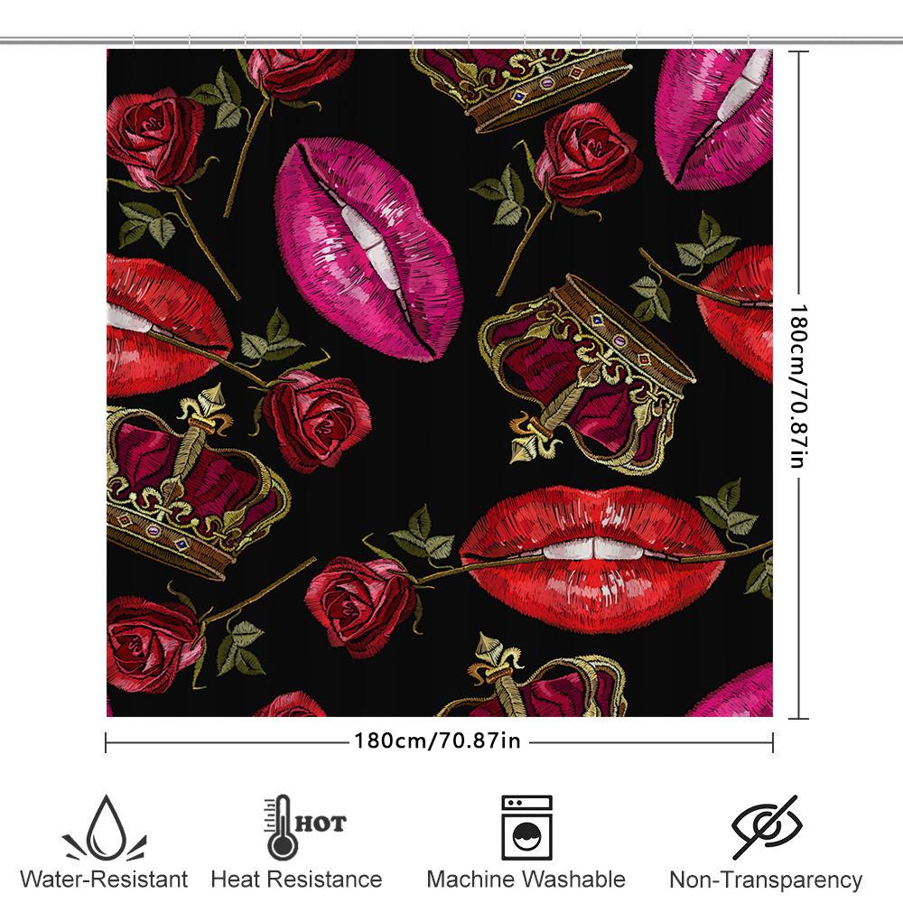 Luxury Crown Lipstick Rose Shower Curtain Bold Print Home Decor For Bathroom Waterproof Fabric With Hooks (Black)
