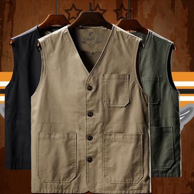 Men's Oversized Cotton V-neck Vest, Middle-aged and Elderly Casual Fishing Cardigan Top, Camisole Work Uniform, Loose Fitting Top