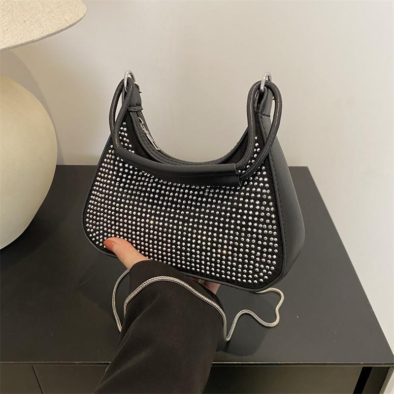 Chic Black And Silver Rhinestone Shoulder Bag Versatile Trendy Ins Chain Crossbody Handbag