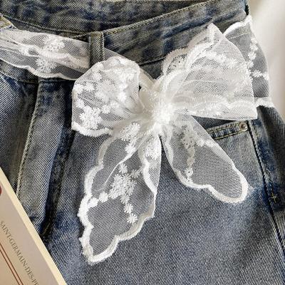 Korean Sweet Lace Waistband Y2k Bow Gauze Waist Belt Floral Long Dress Jeans Belt Streetwear