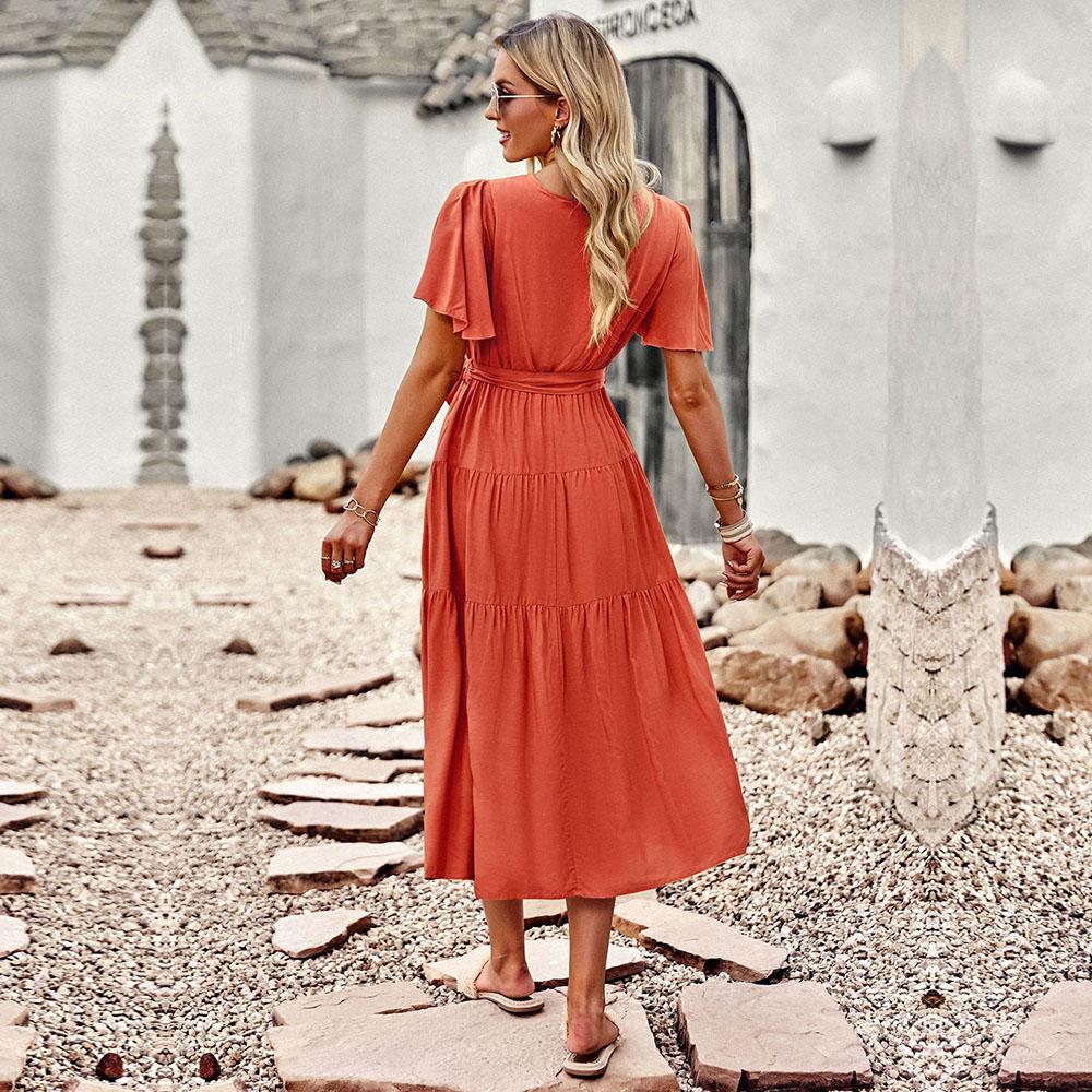 Dámské zavinování hrudníku letní elegantní šaty s výstřihem do V, krátkým rukávem, jednobarevné plisované šaty