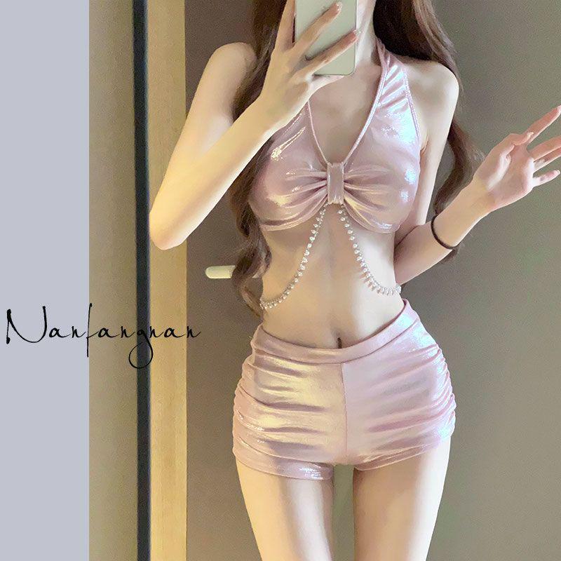 Set Bikini Sexy cu Lanț de Diamante pentru Femei: Costum de baie subțire din trei piese cu sclipici pentru vacanță și izvoare termale