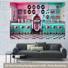 2D flat 1pc retro restaurant scene polyester background, birthday banners and flags, celebration activities, multi-purpose