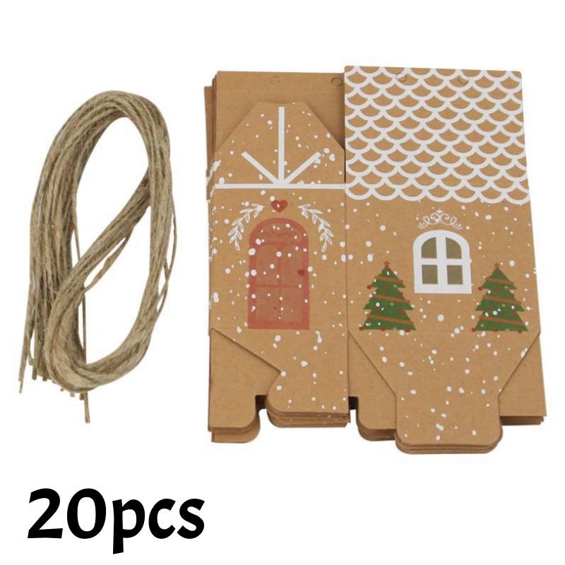 20/10pc Christmas Candy Box House-shaped Kraft Paper Gift Bag for Cookie Pack with Twine Festival Party Favors Xmas Tree Decor