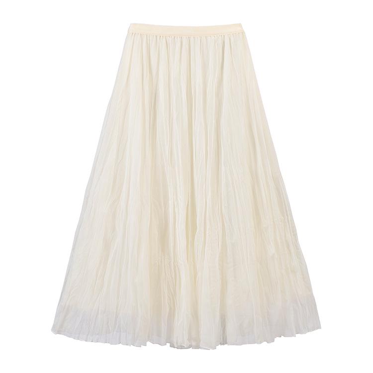 Feiyuan Women's Versatile Pleated Mesh Midi Skirt - Early Spring, Breathable, Large Hem, Commuter Style.