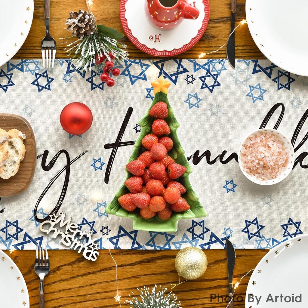 Artoid Mode Beige Hexagram Happy Hanukkah Table Runner, Chanukah Kitchen Dining Table Decoration for Home Party Decor 13x72 Inch