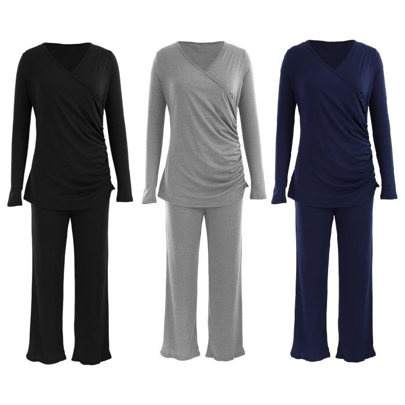 

Женский комплект пижамы для беременных Двухслойный верх и низ с длинным рукавом для беременных Грудное вскармливание Pj Set Твердая одежда для сна