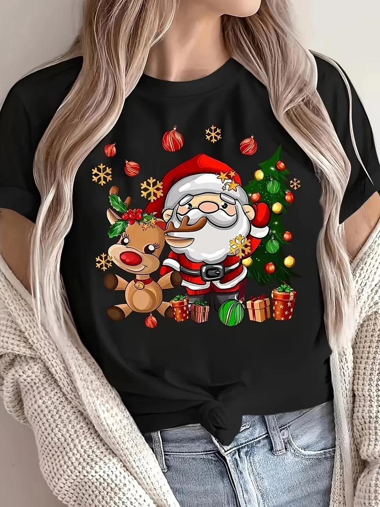 Christmas Santa and Reindeer Print Crew Neck TShirt Harajuku Sleeve Womens Tshirt Clothing Street Tops Tees Aesthetic Clothes