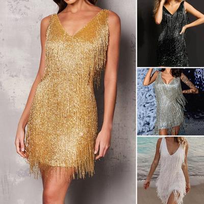 Short Dress Formal Sequins Tassels Sexy Slim Bodycon Party for Wedding Banquet Prom