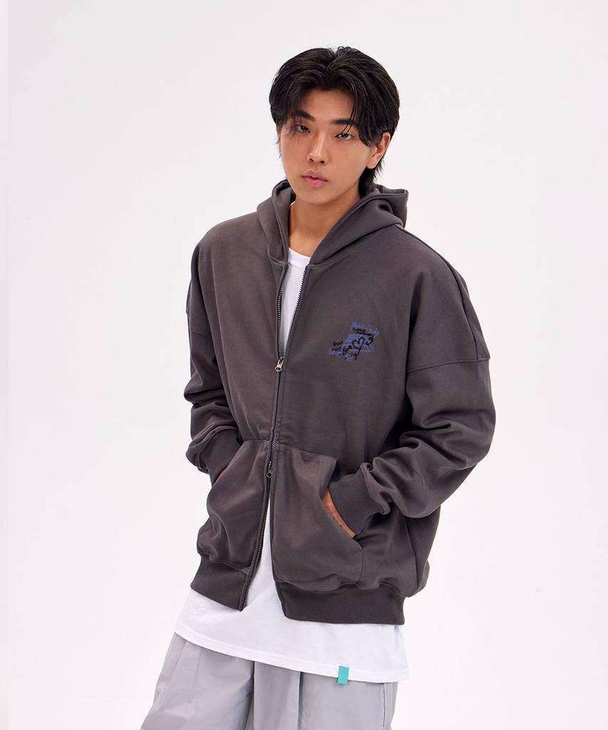 Astral Projection Graffiti Oversized Wide Shoulder Zip-Up Hoodie_Charcoal