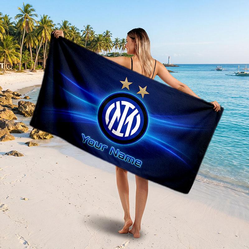 Asciugamano da Spiaggia Personalizzato Inter Milan, Stampa Testo Nome Personalizzato, Asciugamano Morbido Asciugatura Rapida con Logo Calcio, Regalo per le Vacanze