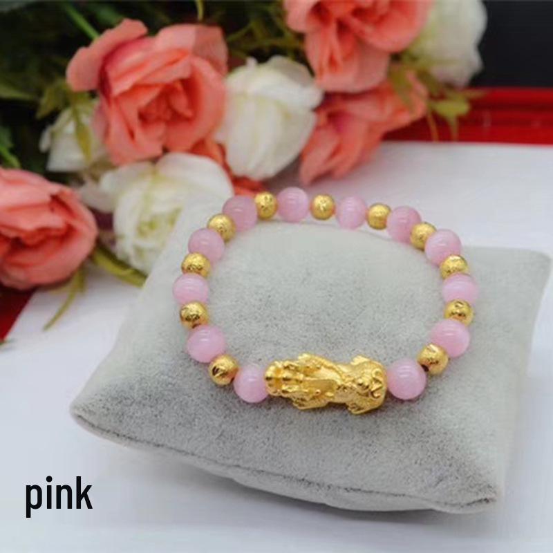 Gold-Plated Pixiu Bracelet with Red & Green Chalcedony - Unisex Fashion Jewelry