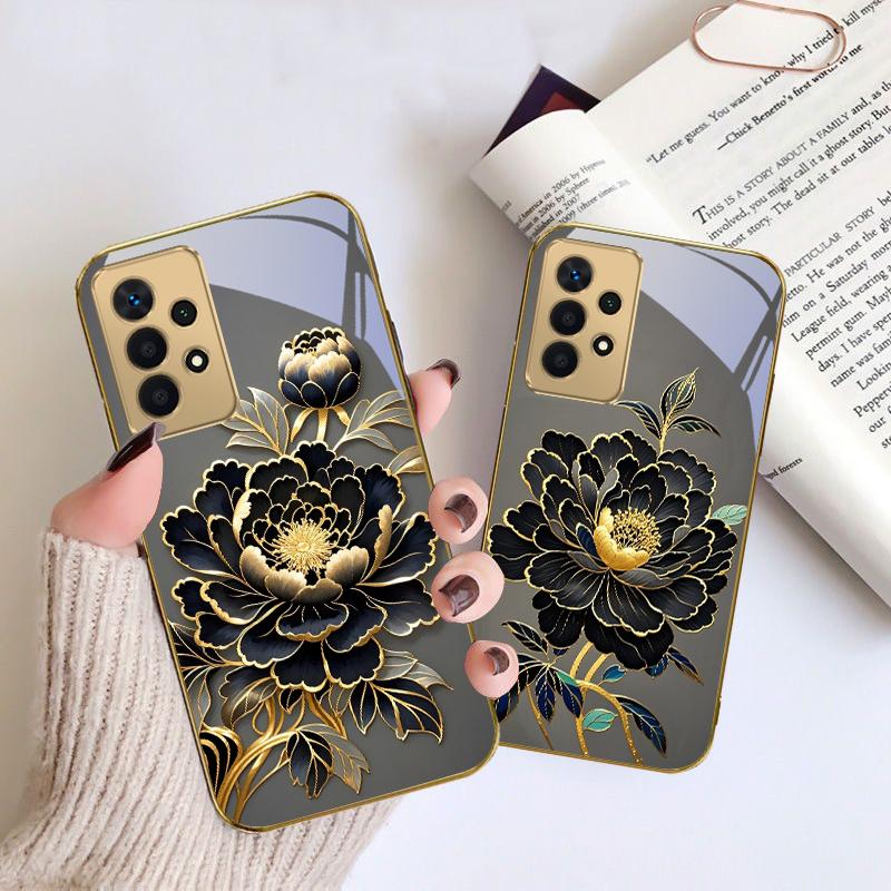 Black Gold Peony Flower For Samsung A 01 52S A04 A05S A10 A12 13 22 23 24 36 42 M02 Note 10 20Ultra 8 9 Golden glass phone case