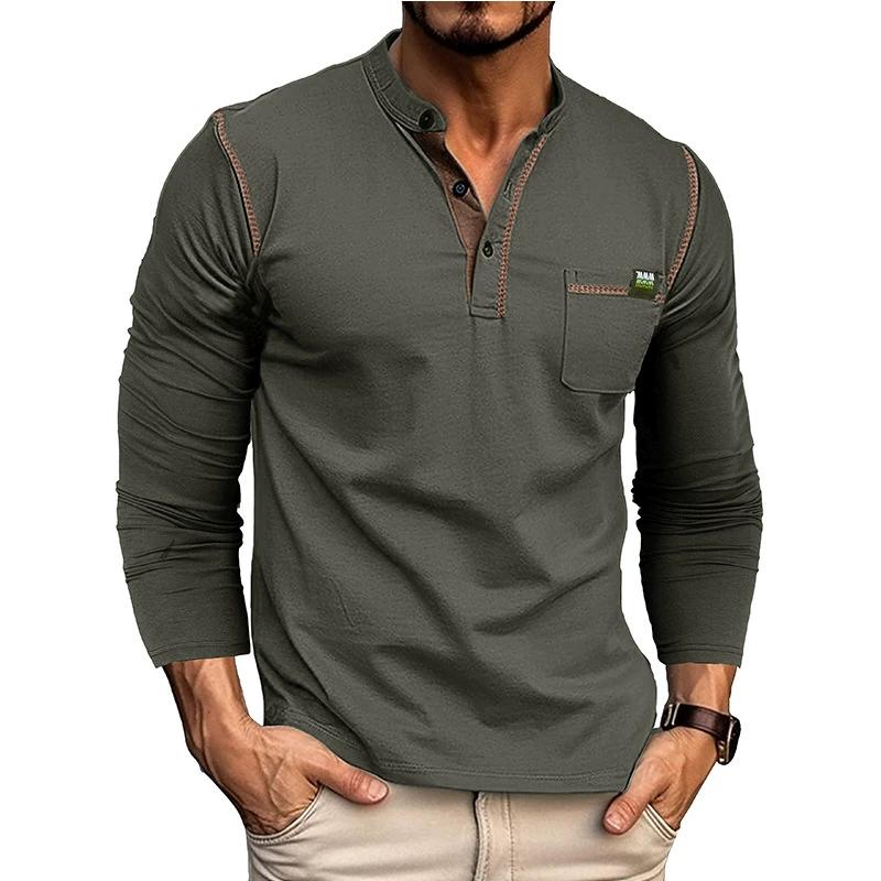 Men’s Long Sleeves Henley Shirts Cotton Pullovers Color Matching Knitted T-shirt Buttons Round Neck Breast-pocket Tops Stylish Daily Casual Menswear