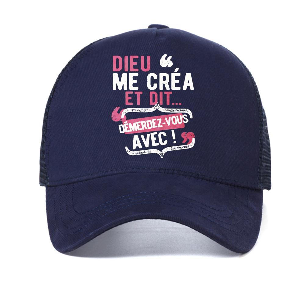 

with French Quote Dieu Me C est Mon Saint print baseball cap fashion Harajuku Retro Unisex Snapback Hat Breathable Trucker Hats Adjustable
